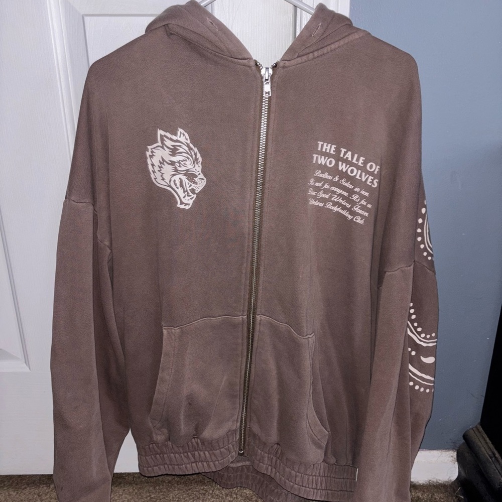Brown Zip-Up Hoodie with Wolf Design